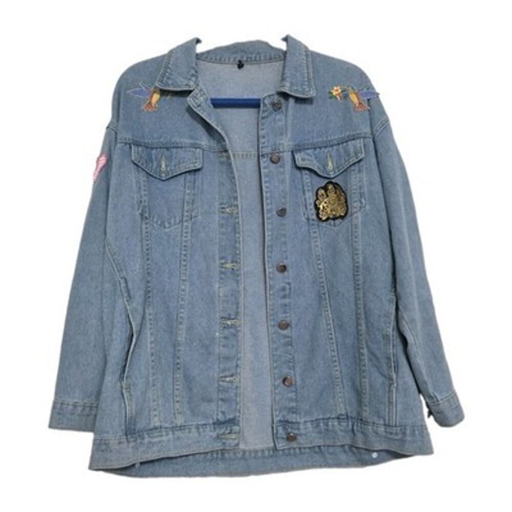 Y2K Patchwork Denim Jacket Womens M Patches Artsy Hipster 2000s